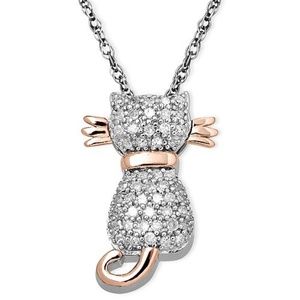 Diamond Cat Pendant Necklace 14k Rose Gold &silver